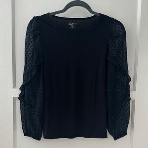 LOFT Black Blouse with Sheer Polka Dot Sleeves